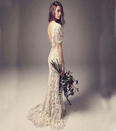 Vintage Wedding Dresses Sheath Column Backless Full Lace Boho Bridal Gowns with Illusion Short Sleeves Sweep Train Cheap High Qual8143319