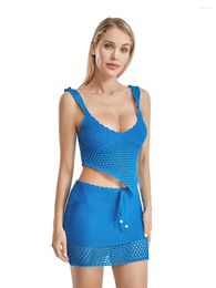 Ethnic Clothing Siyova Women Knitted Skirt Set 2 Piece Sexy Summer Outfits Holiday Beach Hollowed Irregular Hem Camisole With Mini