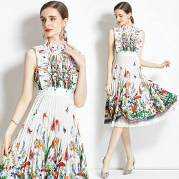 Women Floral Dress Boutique Summer Dress High-end Fashion Pleated Ruffles Lady Dress Party Runway Dresses Temperament Pleated Dresses