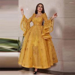 Party Dresses Length Dubai Arabic Evening Flare Long Sleeve Organza Formal Dress Lace Appliques Sequined Prom Gowns