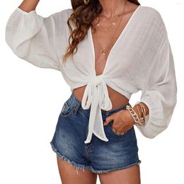 Women's Swimwear Cover Up Summer Fashion Front Tie Long Sleeve Top Ups Sexy Thin Beach Sun Shirt Bikini