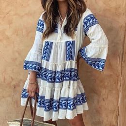 Women Elegant Embroidered White Dress Autumn V-Neck Button Stitching Ruffle Dress Ladies Tie-Up Lace Pattern Party Dresses 240418