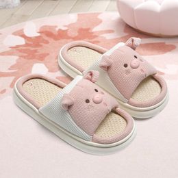 New Cute Piglet Linen Slippers for Women Anti Odour Home Use Thick Sole Summer Outwear Shit Feeling Anti slip Slippers
