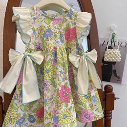 Girl Dresses Summer Baby And Girls All-Over Floral Printed Button Back Ruffled Sleeves Bows Princess Kids Sweet Skirts Outfit 2-8 Yr