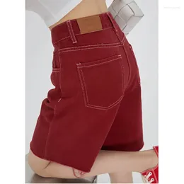 Women's Shorts Red Jeans High Waist Straight Pants Streetwear Y2K Vintage Calf-Length Wide Leg Denim Five Points Trouser