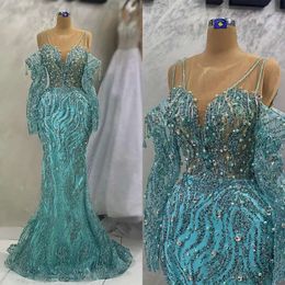 Sleeves Evening Long Tulle Beaded Dresses Mermaid Sequins Jewel Neck Ruffles Floor Length Plus Size Prom Gown Formal Custom Vestidos