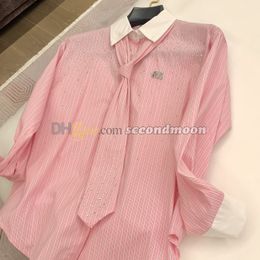 Sparking Rhinestone Blouses Women Stripe Print T Shirt Casual Style T Shirts Long Sleeve Lapel Neck Blouse