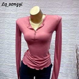 Women's T Shirts Lq_songyi See-through Sexy Base Slim Shirt Women High Strech Tight Tops 202 Spring Buttons Long Sleeve Solid Thin Top