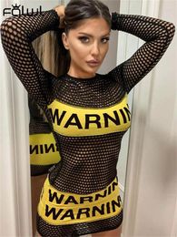 Casual Dresses Habbris Sexy Black Letter Printing Mini Dress Club Clothing For Women 2024 Long Sleeve Mesh Short Fashion Netting