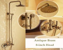 Dual Cross Handles Wall Mount Rainfall Shower Faucet Sets 8quot Brass Shower Head Handheld Shower Antique Brass Finish1800771