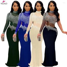 Casual Dresses Rhinestone Women Long Maxi Dress Sheer Mesh Patchwork See Through One Shoulder Evening Party Fitness Sexy Club Bodycon