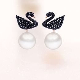 Earring Swarovski Designer Women Original Quality Luxury Fashion Charm Black Tassel Pearl Earrings Female Element Crystal Back Hanging Earrings Female