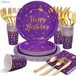 Disposable Plastic Tableware 16 pieces of purple gold-plated disposable tableware cardboard cups Napkins baby shower birthday party supplies decoration WX