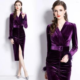 Casual Dresses Elegant Socialite Pleuche Fitted Waist Pleated Dinner Suit Split With Belt Dress