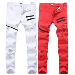 Fashion Menswear zipper Men's Jeans Designer Trousers black red white destroyed mens slim denim straight biker skinny men ripped cowboy Pants 260z