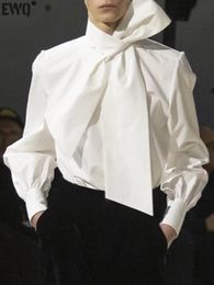 EWQ Bandage Collar Versatile Temperament Shirt Women Long Sleeve White Office Lady Blusas Autumn Winter Top 16U5288 240426