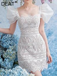 Casual Dresses Models Lace Puff Sleeve Square Collar Dress For Women Fashion Trendy Patchwork Female 2024 Summer 15C146