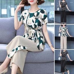 Women's Two Piece Pants Two-piece Top Set Floral Print Outfit With Lace-up Detail O Neck T-shirt Wide Leg Mid-aged Mom