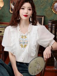 Women's Blouses Chinese Style Frog Button Short Sleeve Chiffon For Women Summer 2024 Ruffled Chic Puff Shirt Tops