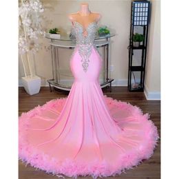 Feathers Sweety Mermaid Prom Pink Dresses For Black Girls Sliver Crystal Beaded Tail Gowns Sexy Sparkly Robe De Bal 0510