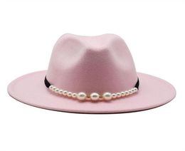 fedora solid elegant pearl belt buckle classic winter women hats pink fascinator wedding formal felt hat womens2450428