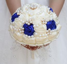 Handmade Ivory Royalblue Bridal Beaded Diamond Wedding Bouquets Artificial Bridesmaid Holding Flowers Wedding Accessories W234B7362067