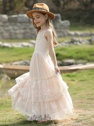 Girl's Dresses Big Girls Flower Wedding Party Backless Chiffon Dress Princess Kids Bohemia Lace Long Dresses Vestidos Clothing For 3-15 Years