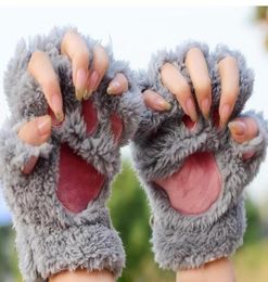 Women Girls Lovely Winter Warm Fingerless Gloves y Bear Cat Plush Paw Claw Half Finger Gloves Mitten New GB13242727910