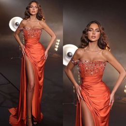 Evening Shoulder Orange Beads Elegant Dresses Off Party Prom Pleats Split Formal Long Red Carpet Dress For Special Ocn