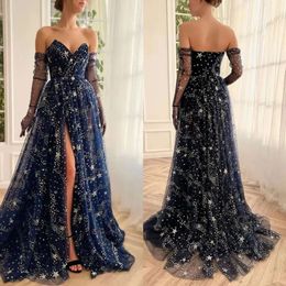 Side Evening Sweetheart Blue Eine Navy Line Split Long Prom -Kleider funkelnde leuchtende Sterne formelle Kleider für besondere OCNs