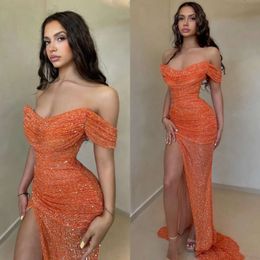 Off Fashion Orange Spalla Abiti da ballo di paillettes abiti da sera pieghe formali, abito da festa speciale OCN FORMALE