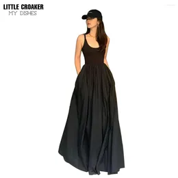 Casual Dresses Stylish Swing Maxi Dress For Ladies Elegant Square Neck Sleeveless Black Tank Women Long One-piece Gown