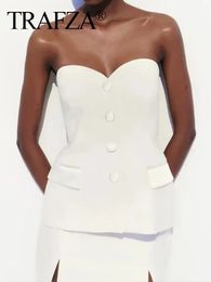 TRAFZA Summer Women Elegant White Top Front Button Corset Tube Top Strapless Sleeveless 2024 Fashion Y2k Female Chic Top 240429