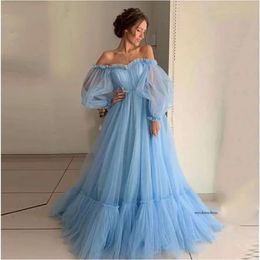 Plus Size Blue A Line Prom Dresses Long Sleeve Off Shoulder Princess Dress Tiered Tulle Floor Length Formal Evening Party Gowns Custom Made 0430