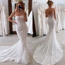 Wedding Dress Lace Elegant Mermaid Dresses Beads Sweep Train Button Back Wedding Bridal Gowns