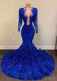 Sexy Royal Blue Mermaid Prom Dresses Long For Women Plus Size Satin Deep V Neck Sequined Pleats Ruched Formal Evening Party Wear Gowns Custom Made 0430