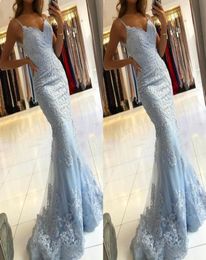 2022 Luxurious Baby Blue Prom Dresses Mermaid Evening Gowns Lace Beads Applique Spaghetti Beaded Staps Sexy U Open Back Party Grad5067855