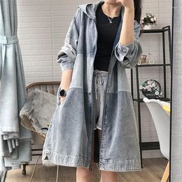 Women's Jackets SuperAen 2024 Spring And Autumn Korean Loose Hooded Contrast Denim Trench Coat