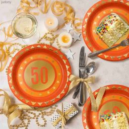 Disposable Plastic Tableware 24 pieces of 50 gold orange Happy Birthday disposable cardboard for mens 50th anniversary birthday party table items WX