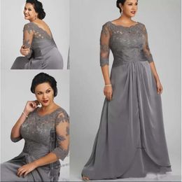 Plus Size Grey Mother Of The Bride Dresses 3/4 Sleeves Applique And Chiffon Moms Formal Evening Gowns Long Elegant 0431