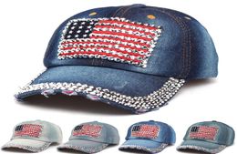 Fashion American Flag Baseball Cap Men Sport Rhinestone Jeans Ball Cap Women Travel Bling Snapback Denim Sun Hat TTA11142483137
