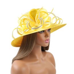 Wide Brim Hats Bucket Hats Yellow Fashion Satin Cloth Church Hat Deluxe Luxury Elegant Photography Hat Beauty Fancy Formal Flower Fascinator Hat Female Y240426