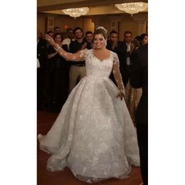 Düğün Çizgisi Boyut Artı Bir Elbiseler V Boyun Uzun Kollu Boncuklu Dantel Aplikler Tül Süpürme Tren Gelin Önlükleri Özel Yapımı Ppliques Ppliques Ppliques