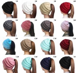 2018 Winter Girls Women Hat Ladies Girl Stretch Soft Knit Hat Messy Bun Warm Hats Caps bonnet femme hiver1503464