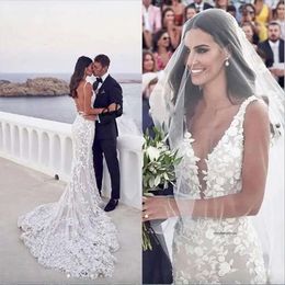 Romantic Lace Mermaid V Neck Backless Floor Long Wedding Dresses Bridal Gowns Vestidos De Novia 0431