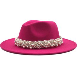 Women Wool Fedora Hat With pearl Ribbon Gentleman Elegant Lady Winter Autumn Wide Brim Church Panama Sombrero Girl Jazz Cap6298260