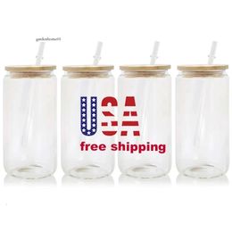 CA USA Warehouse Seller 16Oz Blank Sublimation Soda Shaped Cups Beer Glass Can With Bamboo Lid For Iced Coffee 0430