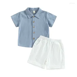 Clothing Sets Kids Boys Summer Outfits Solid Colour Turn-Down Collar Short Sleeve Shirts And Elastic Waist Shorts 2 Pieces Clothes Set