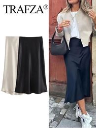 TRAFZA Women Elegant Solid Satin Long Skirt Chic Y2K High Waist Slim Skirts Female Fashion Silk Texture Ladies Tight Midi 240419