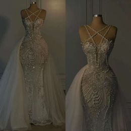 Neck Mermaid Wedding Cross Dresses Crystal Pearls Dress Sweep Train Robe De Mariee Bridal Gowns